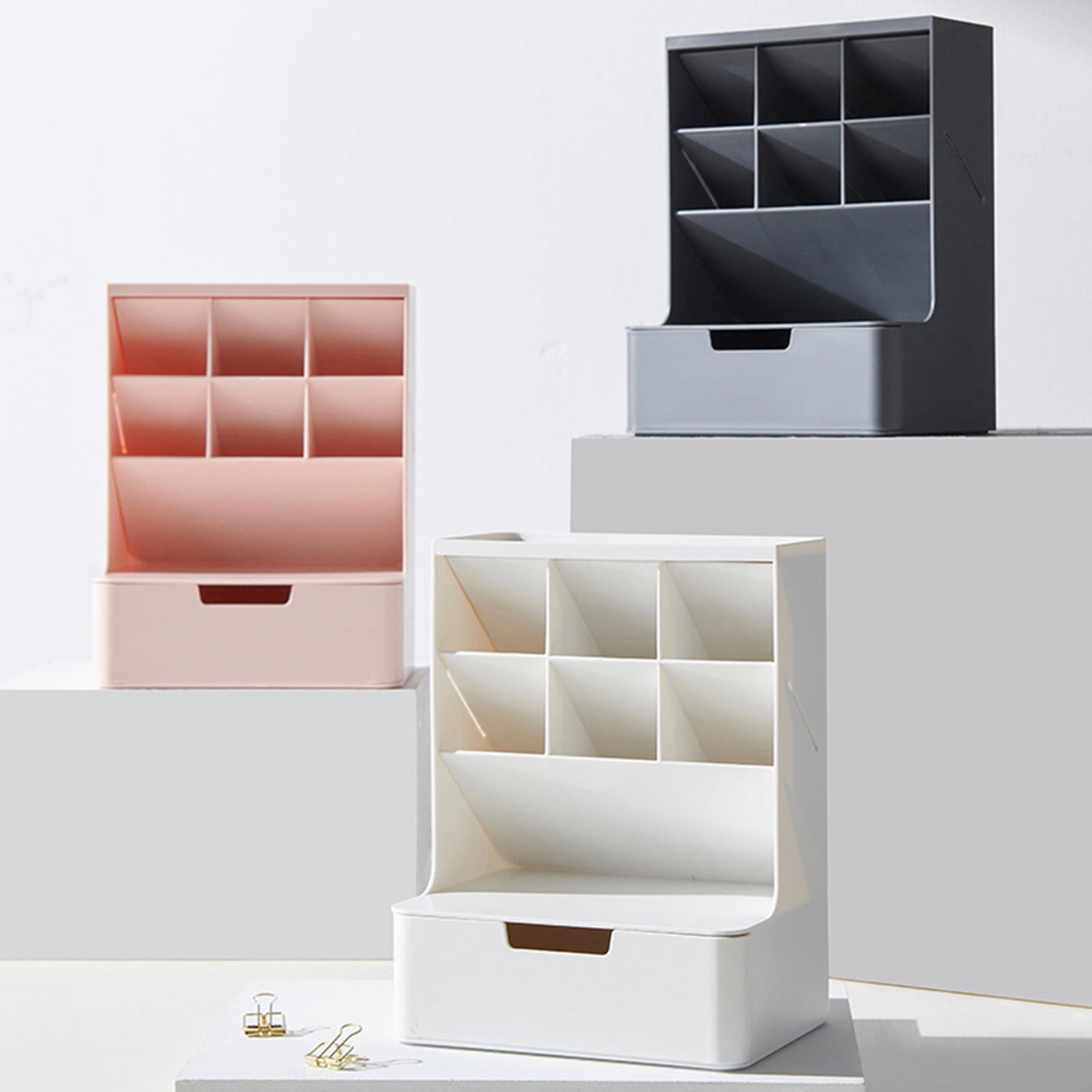 Desktop Pen Organizer with Drawer Stacking Cosmetic Storage Holder Makeup Organizer for Bedroom Office Desk Pen Holder