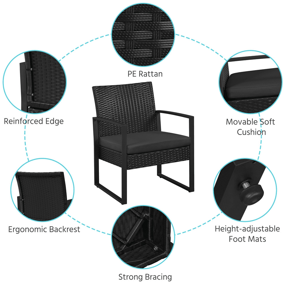 Renwick 3-Piece Patio Bistro Set with 2 PE Rattan Chairs and Table, Black