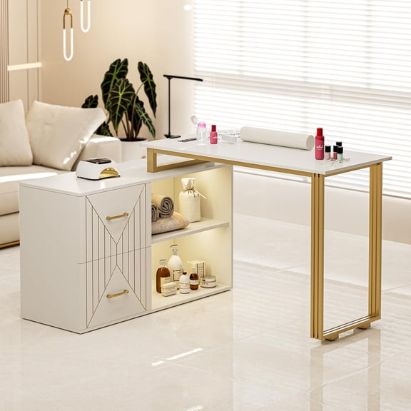 Manicure Table for Nail Tech with Wrist Cushion, Corner Nail Desk with 2 Drawers and 2 Shelves, Beauty Salon Nail Supplies Decor Station with 16 Colors LED Lights （White）