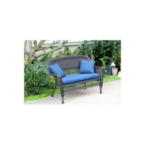 Jeco Espresso Wicker Patio Love Seat With Midnight Blue Cushion and Pillows