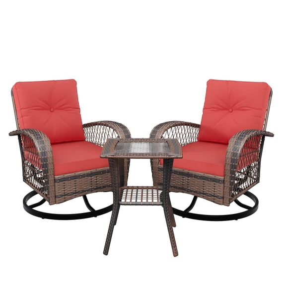 Red 3 Piece Swivel Rocking Chair Set, Wicker Patio Furniture with Thick Cushion & Glass Side Table