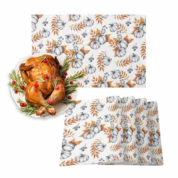 Fall Placemats Set of 6 White Pumpkin Place Mats Thanksgiving Placemat Orange Autumn Maple Leaves Table Mats for Dining Kitchen Table Holiday Dinner Party Home Fall Decorations 13x19 Inch