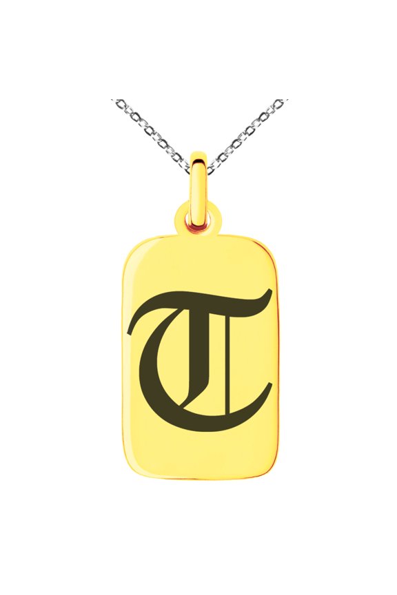 Stainless Steel Letter T Initial Old English Monogram Engraved Small Rectangle Dog Tag Charm Pendant Necklace