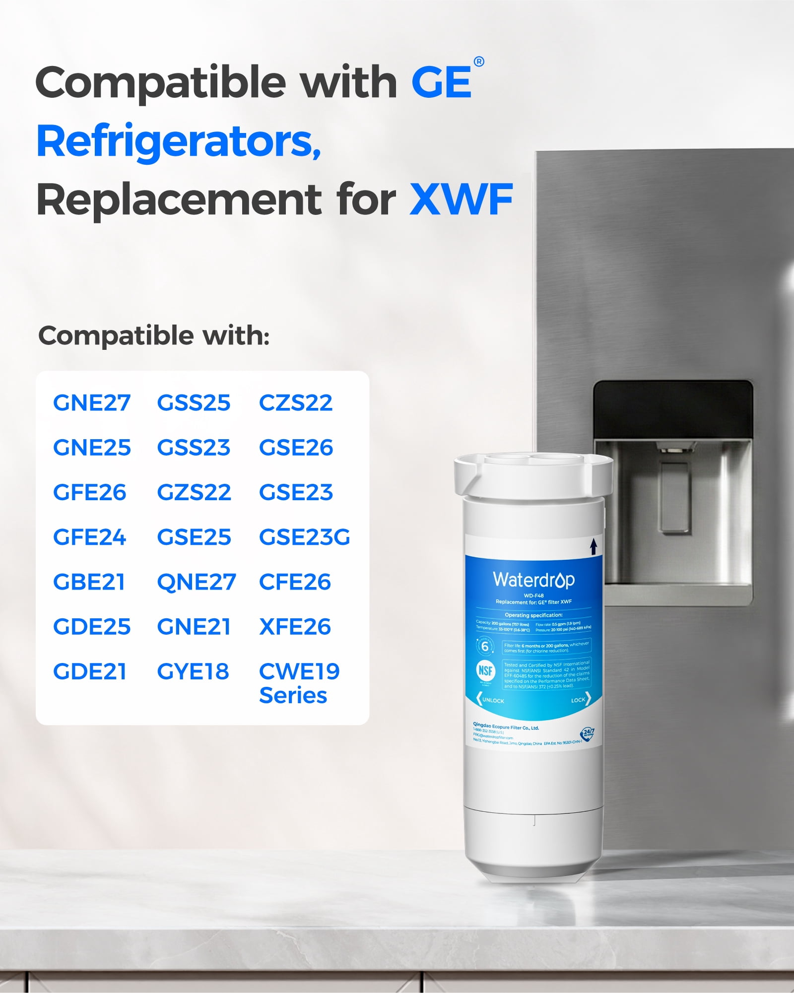 Waterdrop XWF Refrigerator Water Filter, Replacement for GE® WR17X30702, NSF 42/372 Certified, Compatible with GNE27, GFE26, GDE25, GSS25, PSE25 Series Refrigerators,2-Pack (Not XWFE®)