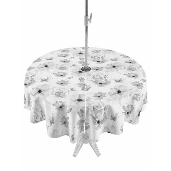 Outdoor Table Cloth with Umbrella Hole and Zipper, Gray Spring Floral Waterproof Round Tablecloth 60 Inch, Summer Botanical Floral Watercolor Washable Table Cover for Outside Party Patio Picnic