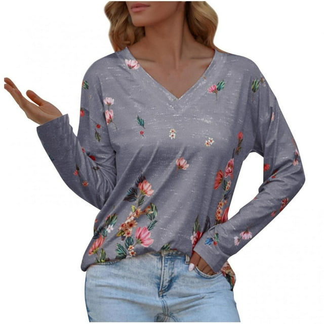 Blusa informal de manga larga con cuello en V y estampado floral para mujer Pompotops gfhjh22733