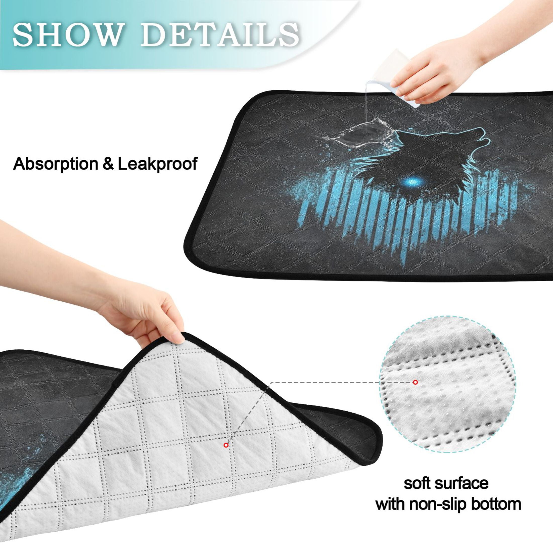 Qxltty Dark Wolf Blue Wave Cat litter Pads Pet Set of 2 Diaper Mats Center Anti-leakage Layer Absorbent Soft and Comfortable