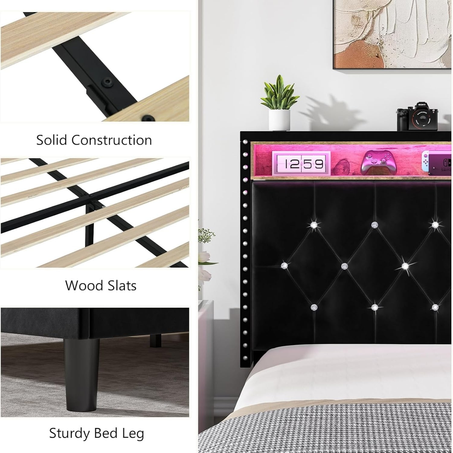 4 EVER WINNER Full Size Bed Frame with Storage Headboard, Velvet Upholstered Bed Frame with LED Light, Black Full Bed Frame with Charge Station, Black
