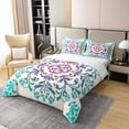 thumbnail image 3 of Bohemian Floral 100% Cotton Duvet Cover,Retro Flower Bedding Set Full,Boho Design Persian Pattern Comforter Cover Farmhouse Decor Chic Flower Bed Sets with 2 Pillowcases Comfy,Teal Purple, 3 of 5