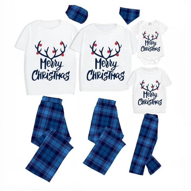 Pijamas familiares a juego navideños, conjunto de pijamas de manga corta con astas de alce, cuadros azules, Feliz Navidad