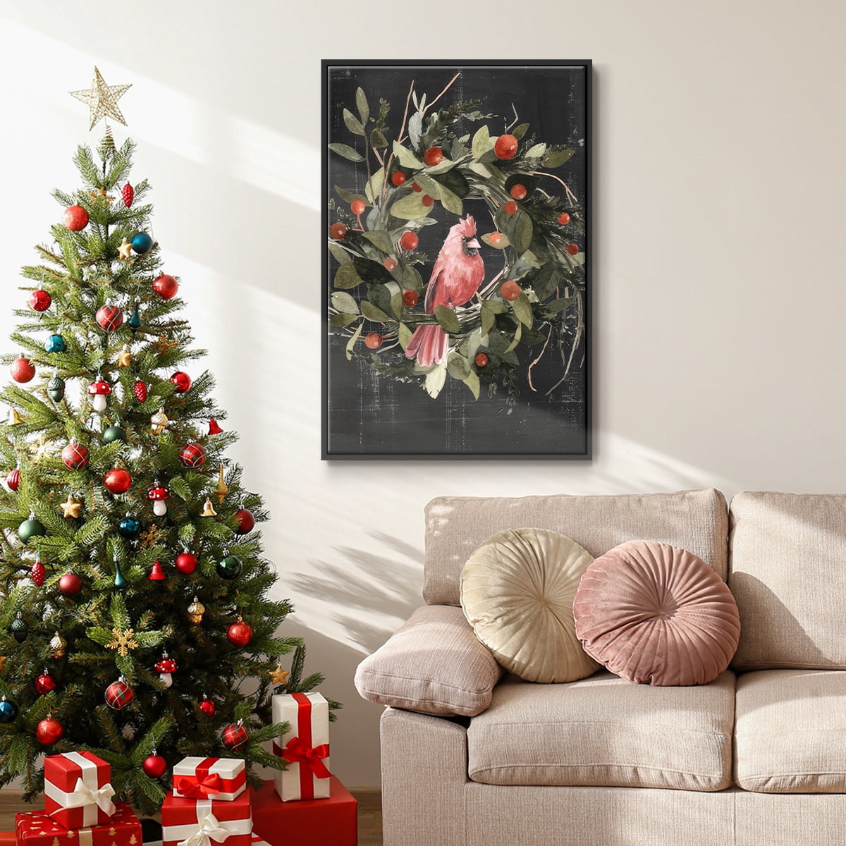 Christmas Cardinal II - Framed Gallery Wrapped Holiday Canvas - 17 x 25 - Black Frame