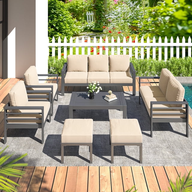 AECOJOY 7-Piece Outdoor Patio Set – Beige, Aluminum Sectional Sofa with Coffee Table, Seats 9