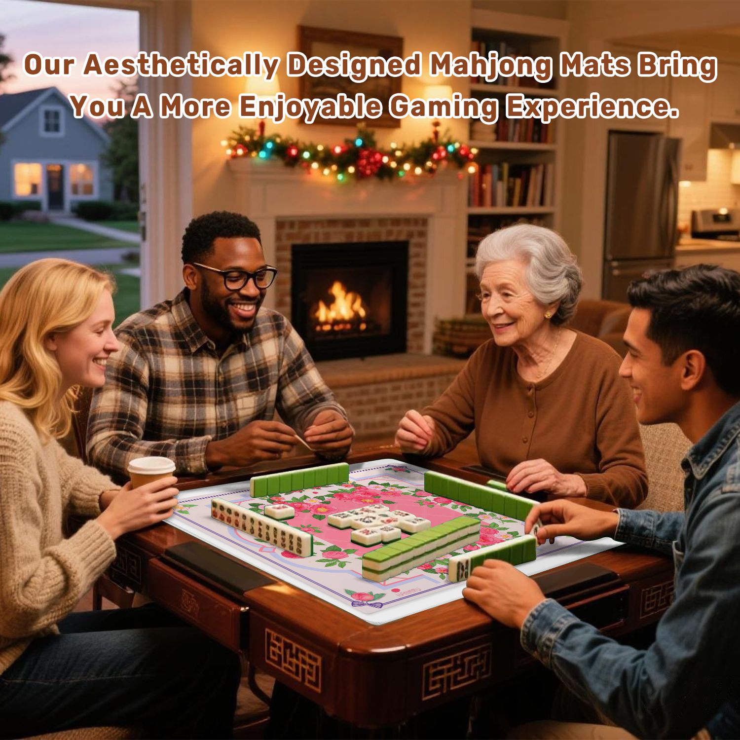Mahjong Mat 31.5" x 31.5" Floral Pink Camellia Bouquet Soft Pastel Accents Anti-Slip and Noise Reduction Symmetry Design Mahjong Tiles Table Cover for Dominoes Poker Card Board and Tile Games