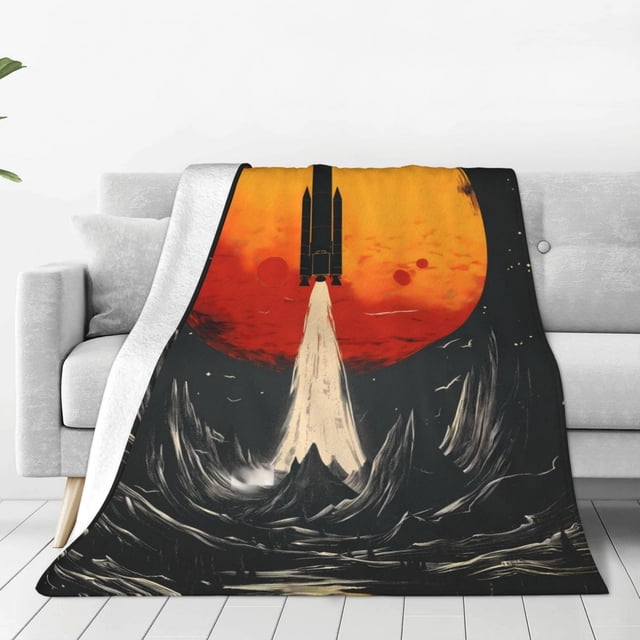 Fotbe Retro Space Rocket Launch Manta de Franela Acolchonada con Estampado, Súper Suave y Esponjosa, Extra Grande para Sofá, Cama, Uso Todo el Año-50"x40"