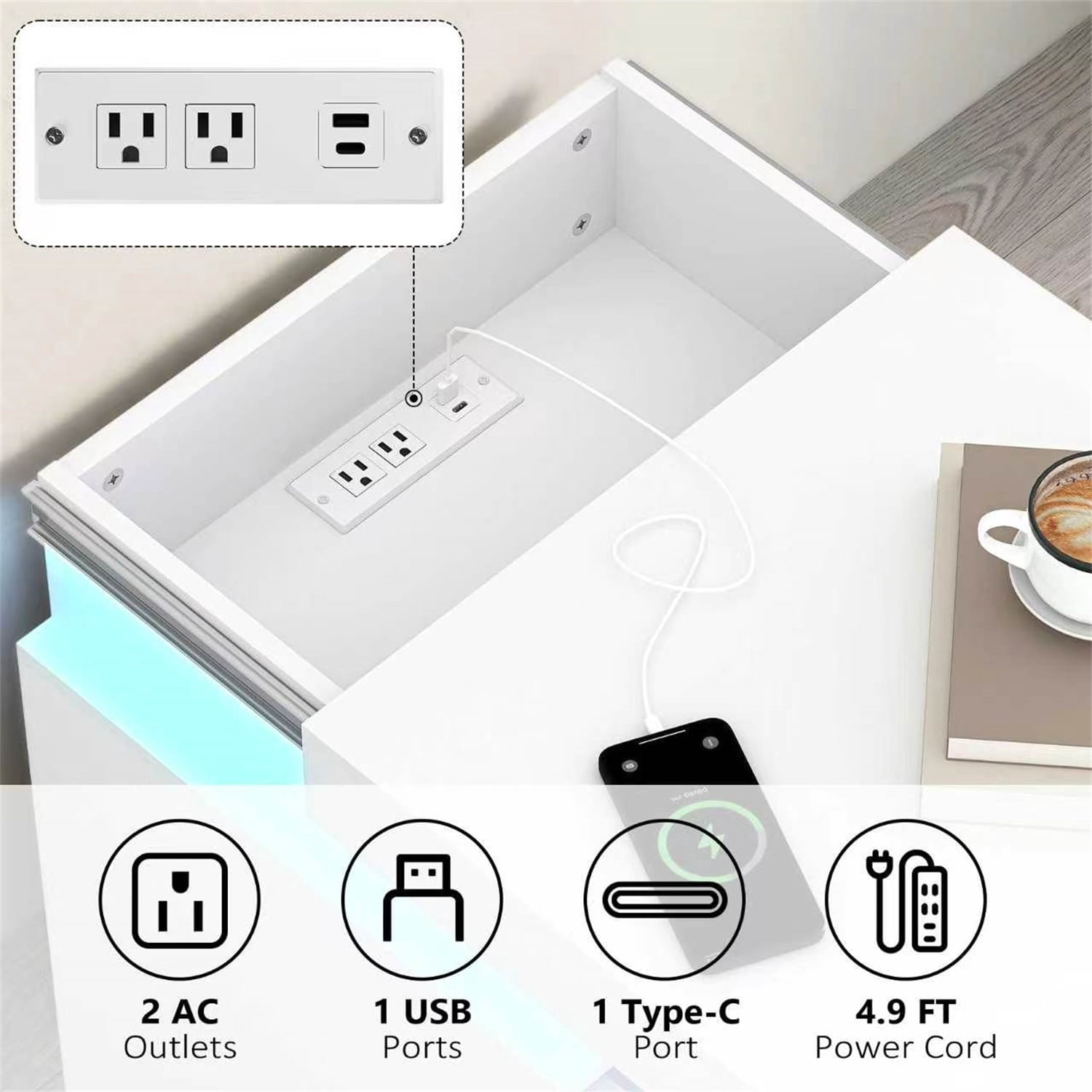 Hommoo Nightstand End Table Set of 2 with Fast USB Charging Station, Modern Wood Storage Sofa Side Table with 2 Drawers and LED lights, for Living Room,Bedroom,Office, White