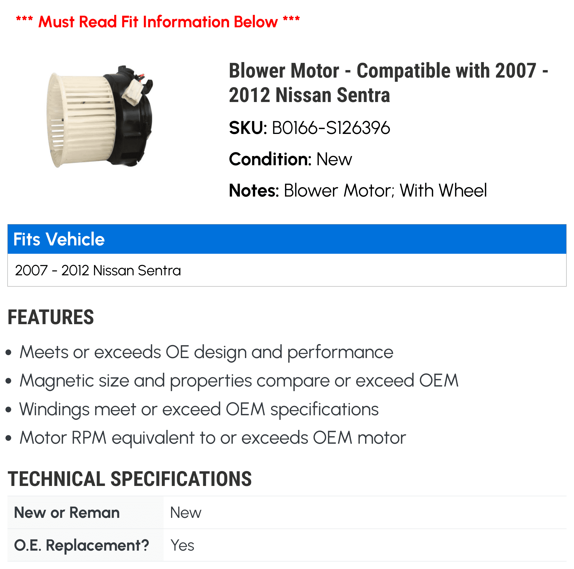 Blower Motor - Compatible with 2007 - 2012 Nissan Sentra 2008 2009 2010 2011