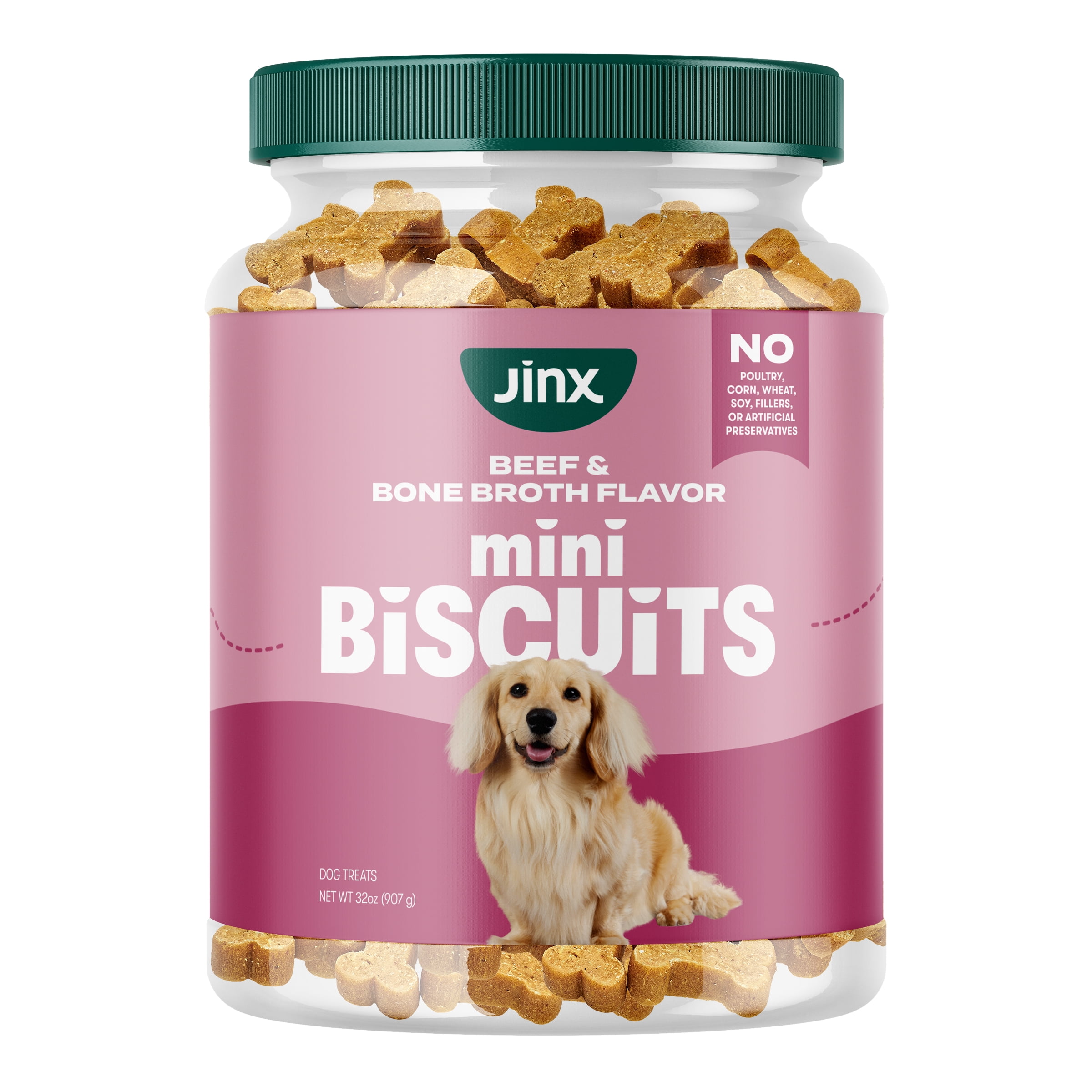 (2 pack) Jinx Beef Bone Broth Mini Biscuits, Crunchy Dry Dog Treats, 32 oz Jar
