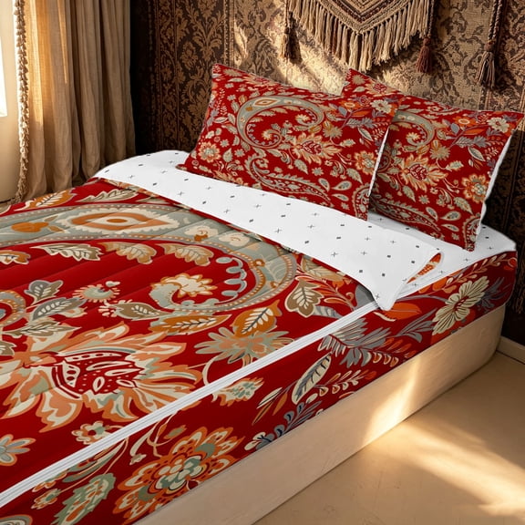 Erosebridal Red Bohemian Western Paisley Zipper Twin Comforter Sets with Fitted Sheet and 2 Pillowcases for Women Girls, Retro Damask Floral Zipper Bedding Set, Reversible, 4 Pieces