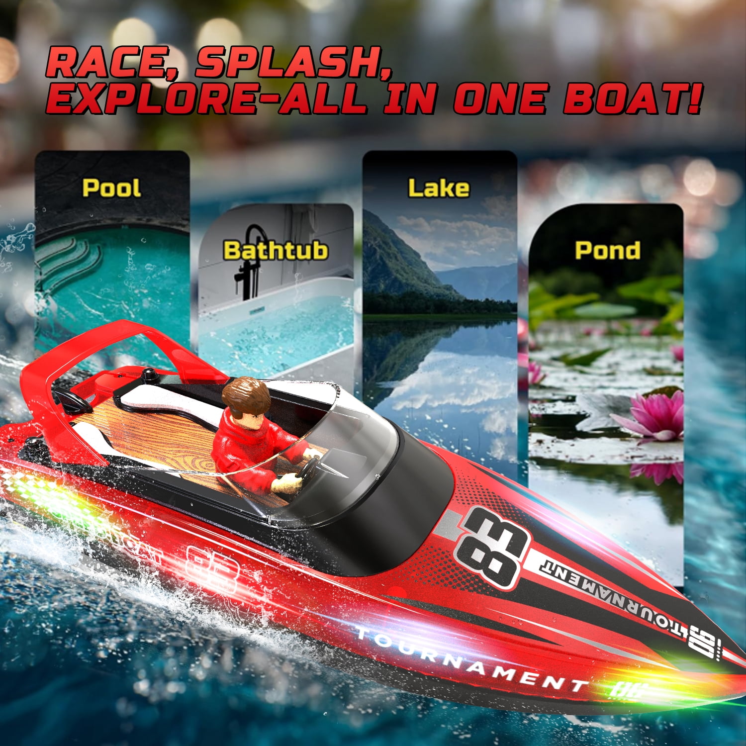 JoyStone 10 Inch RC Boat with LED Lights for Adults and Kids - 2.4Ghz Remote Control Boat for Pool and Lakes, Dual Motor & Low Battery Alarm, Gifts for 8-12 Boys Girls(Red)