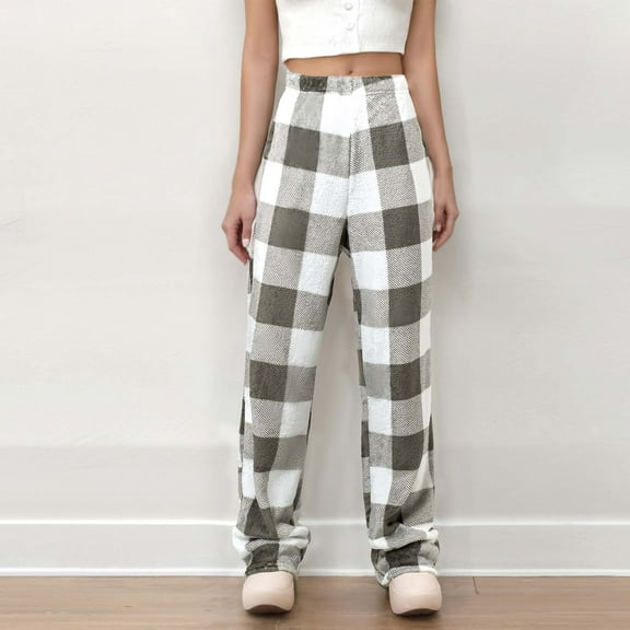 Zedker Casual Plaid Prints High Waist Pants for Women, Comfy Loose Straight-Leg Soft Fleece Thermal Sweatpants for Fall Winter,Army Green,L