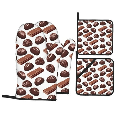 

Oven Mitts and Pot Holders Sets 4 pcs Chocolate Print Brown White Non-Slip Oven Gloves Potholders Soft Quilted Lining Heat Resistant Gloves Hot Pads for Kitchen Cooking Baking