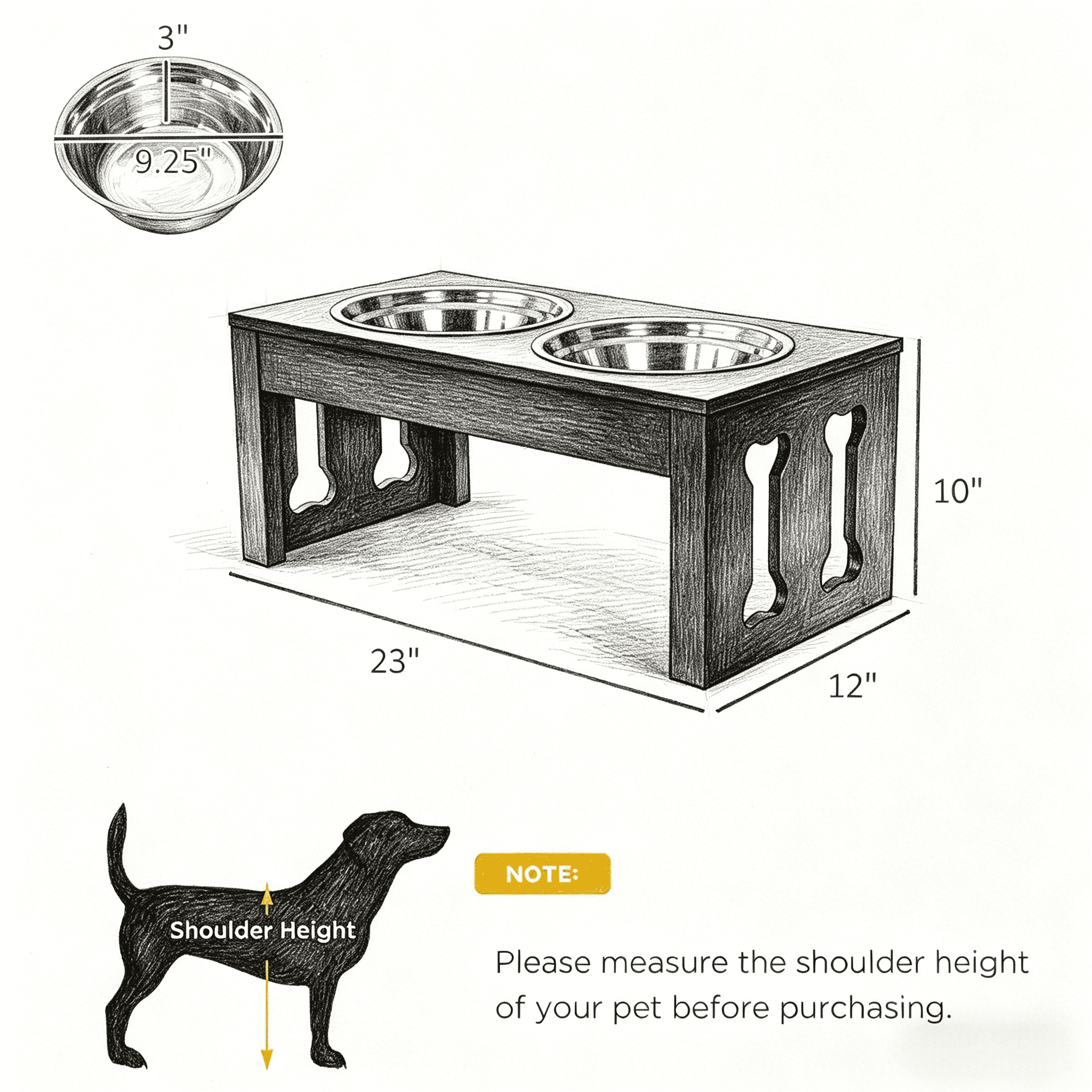 Elevated Dog Double Bowl Feeder, Raised MDF Pet Food Water Stand With Non-Slip Base Stainless Steel Bowls For Medium Dogs French Bulldog Pug Beagle