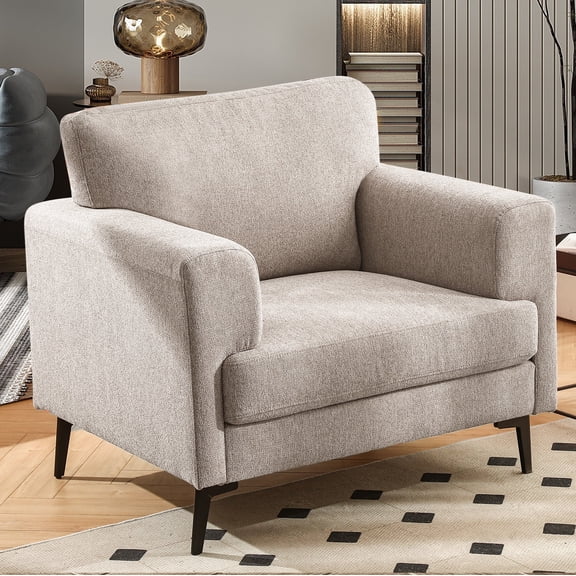 JULY'S SONG Accent Chair, Linen Fabric Comfy Upholstered Living Room Chairs, 37.8" Wide Mid Century Oversized Chair, Modern Arm Chair for Bedroom, Light Brown