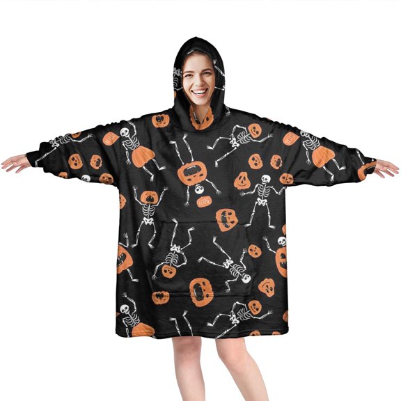Wearable Oversized Blanket,Halloween Dancing Skeletons and Pumpkins Pattern Wearable Blanket Hoodie for Adults,Cozy Hooded Blankets with Super Pockets,Super Warm Fuzzy Pullover for Women & Men
