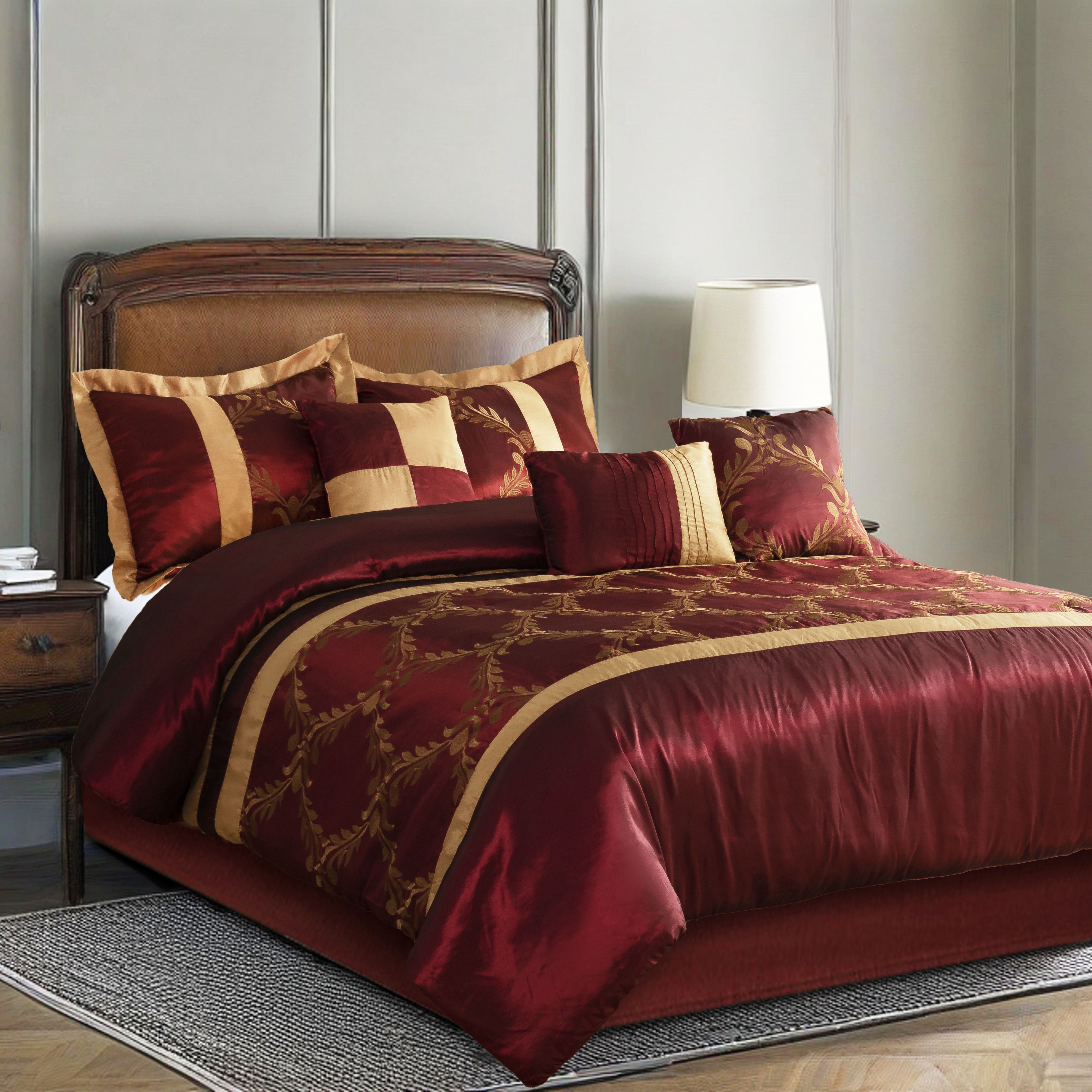 Foliage Embroidery 7-Piece Comforter Set in Burgundy & Gold, Includes Bed Skirt - Queen Size Luxury Bedding