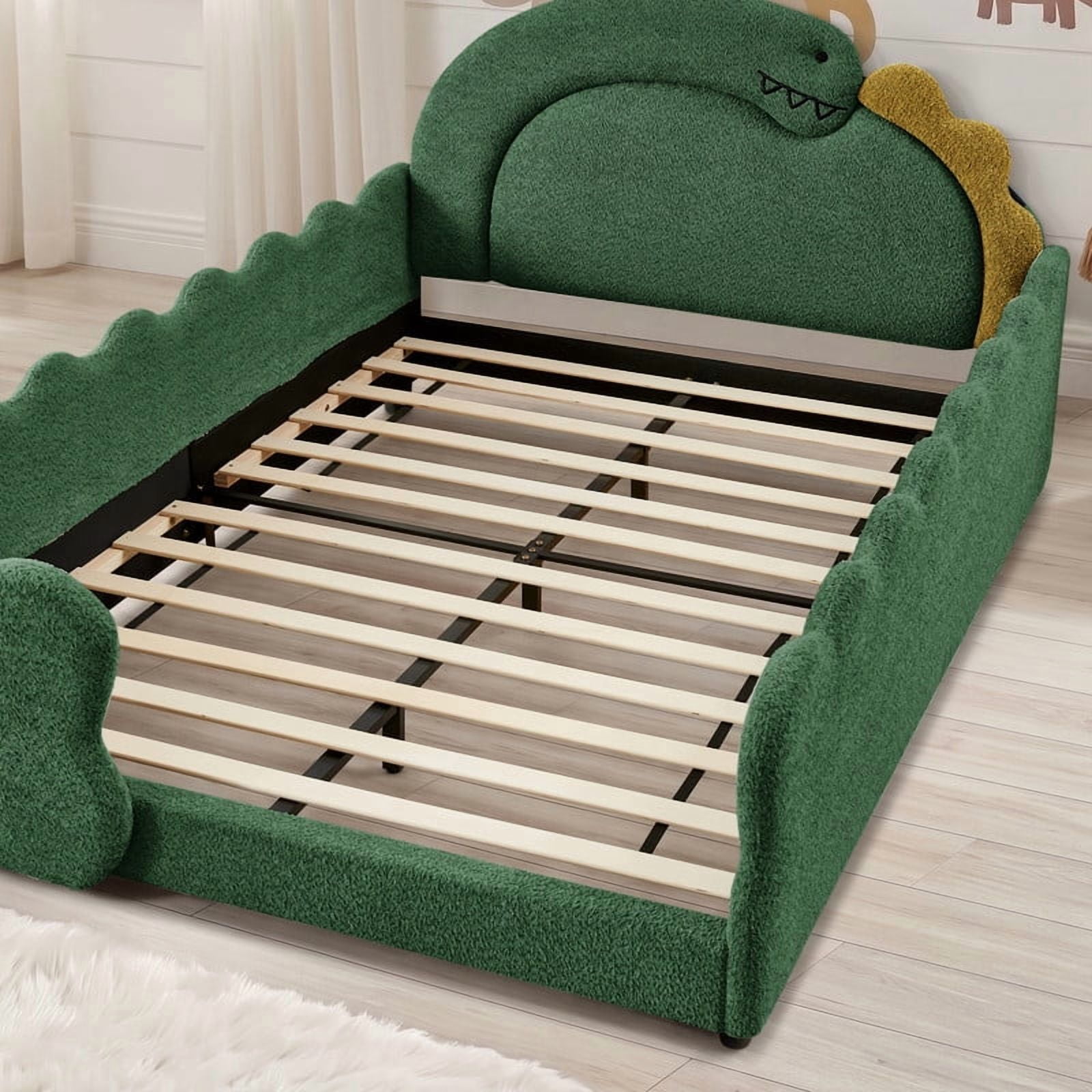 Full Size Kids Dinosaur-Shaped Platform Bed with Guardrails, Low-Profile Upholstered Boucle Fabric Playful Child Daybed Frame