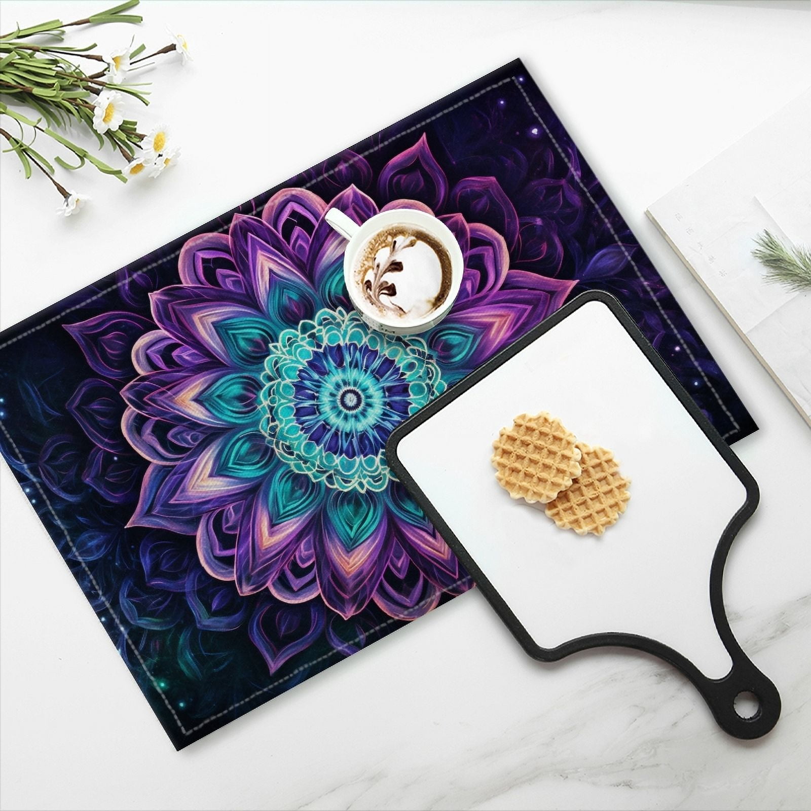 BaHomeck placemats Set of 4 rectangle Linen Cotton Placemats for Dining Table Washable Heat Resistant,18*12inch,Beautiful Mandala Glowing With Vibrant Colors Of Purple And Teal