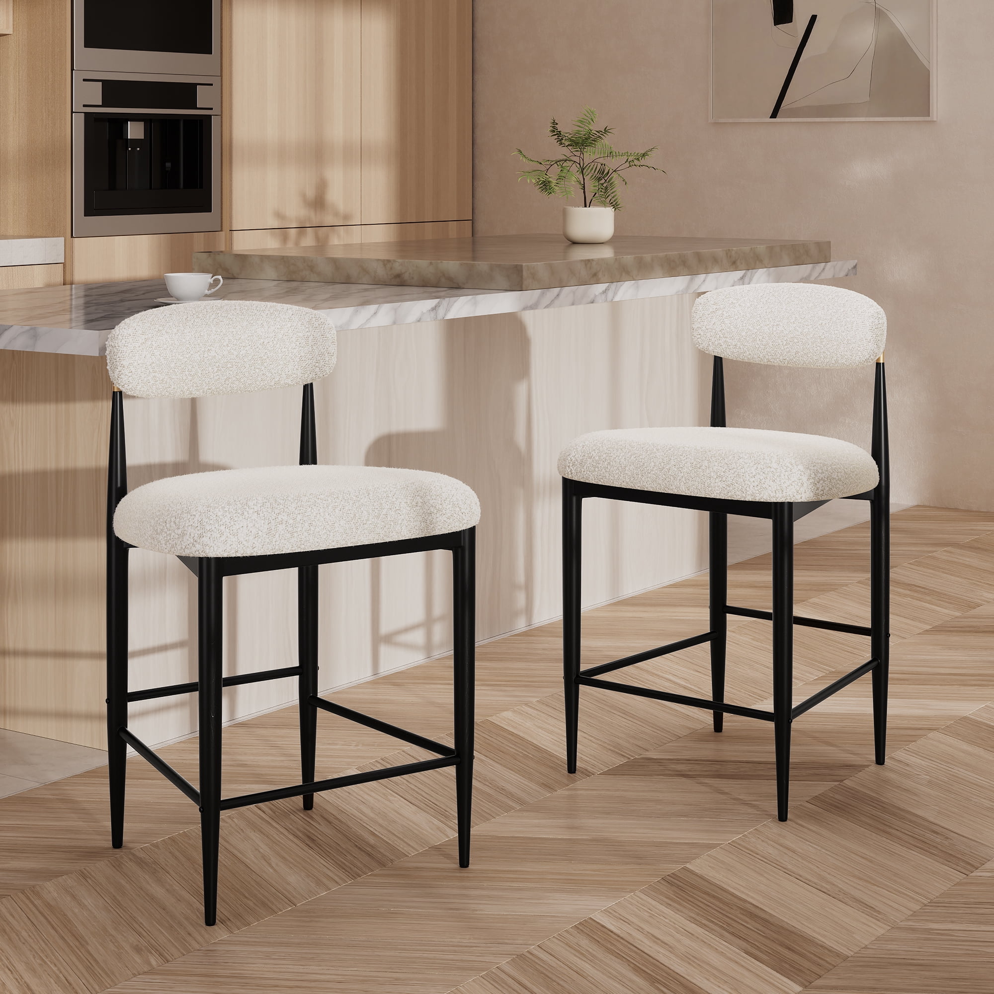Morden Fort Counter Height Bar Stools Set of 2, 26" Boucle Barstools with Backrest and Metal Legs, Island Chairs for Kitchen Island, Dining Room
