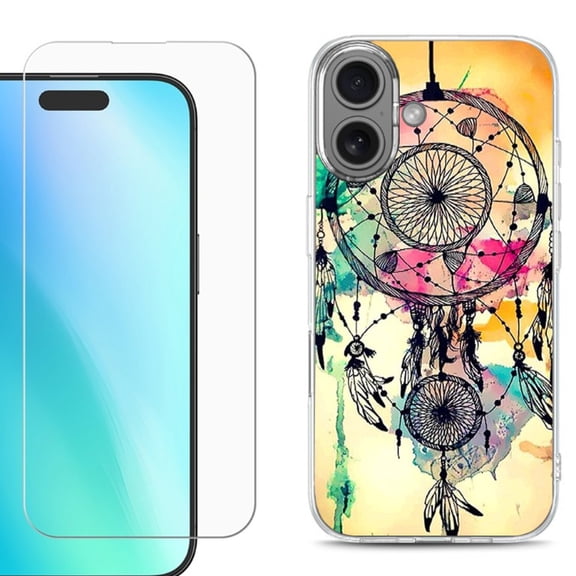 For iPhone 16 Phone Case Cover, Shockproof Case with Tempered Glass Screen Protector, by OneToughShield - Dream Catcher Color