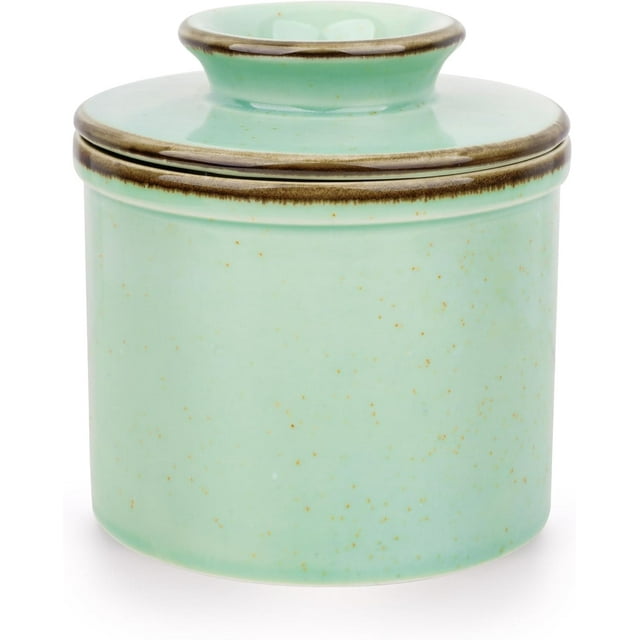 FZC-- Plat à Beurre Français, Beurre en Céramique pour Comptoir avec Ligne d'Eau, Garde-Beurre pour Beurre à Tartiner - Cadeau de Noël Décoration Maison - Collection de Glaçures Réactives - Vert Écume de Mer