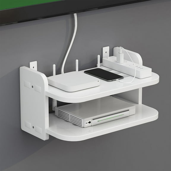 Wall Mounted Router Shelf | No Hole Installation Storage Box | Wooden Cable Management Organizer for Living Room Bedroom | White Modern Design 11.8x7.9x5.9 Inches