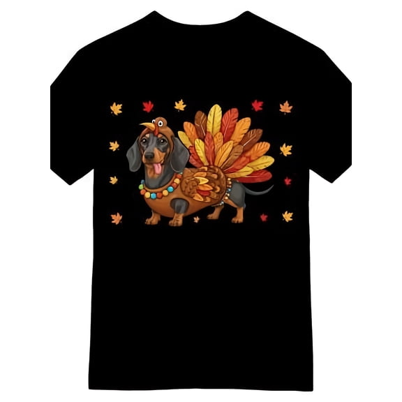 Men & Women Funny Dachshund Turkey Costume Graphic T‑Shirt, Fall Maple Leaf Print Short‑Sleeve Crew Neck Tee, Casual Thanksgiving Holiday Gift Top