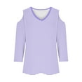 thumbnail image 4 of Womens Cold Shoulder Shirt 3/4 Long Sleeve V-Neck Blouse Casual Loose Fit Top Striped Spring Fall Clothes (Purple M), 4 of 5