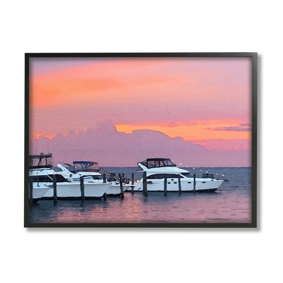 Stupell Industries Boat Harbor Pink Sunset Landscape Coastal Photography Black Framed Art Print Wall Art