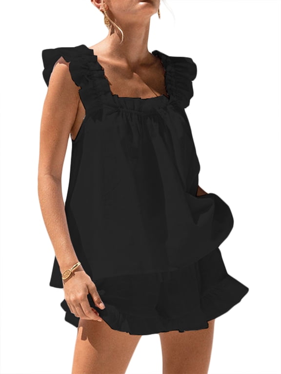 Women's Summer 2PCS Pajamas Sets Flying Sleeveless Square Neck Backless Ruffle Trim Tops and Shorts Sets