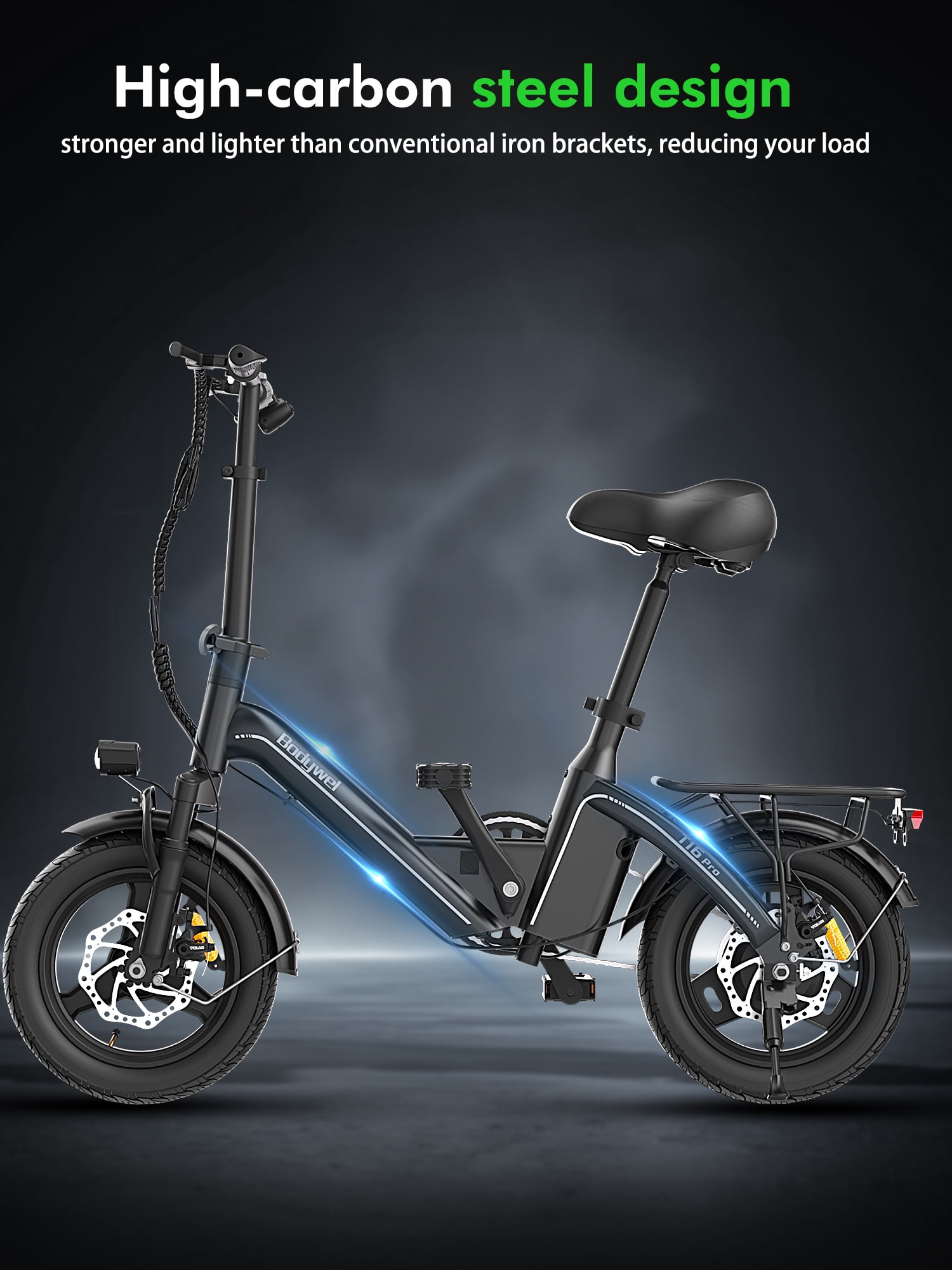 Bodywel T16pro Electric Bike, 500W Peak Motor, 14" Folding Electric Bicycle for Adults, 36V 13A Battery E Bike, Mini Ebike for City Commuter, UL2849