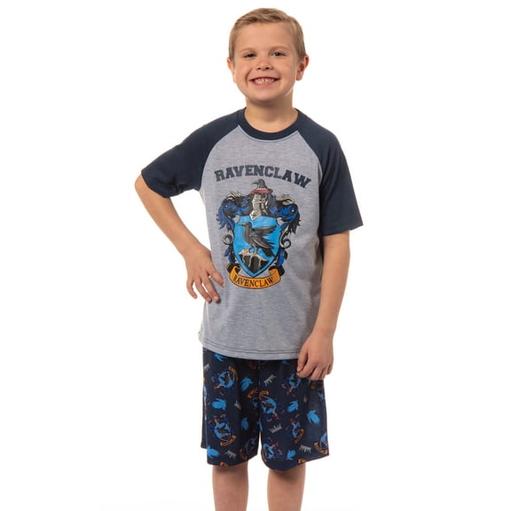 Harry Potter Boys' Hogwarts Houses 2 Piece Pajama Set Raglan Shirt Shorts - Gryffindor Slytherin Hufflepuff Ravenclaw
