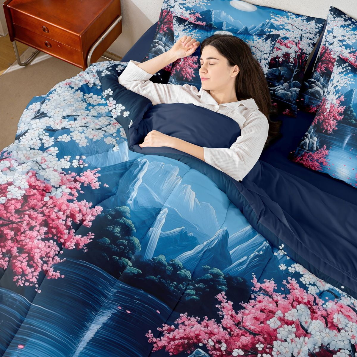 Manfei Night Fuji Lake Bedding Comforter Set for Teens, Cherry Moon Queen Bedding Sets, Blue Pink White, Navy Reversible7 Pieces