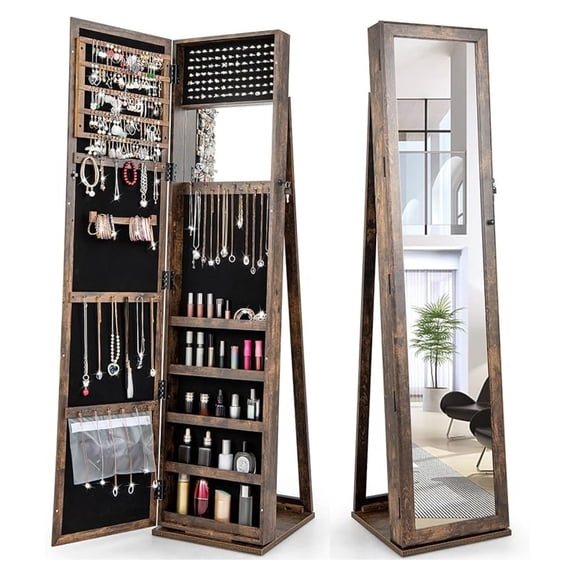 Jewelry Armoire Full Length Mirror - Lockable Jewelry Cabinet Organizer, Rustic Brown