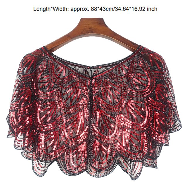 Raenseen Boléros Vintage à Paillettes pour Femmes, Cardigan à Paillettes pour Robe de Soirée, Cape de Couverture, Noir Rouge, Taille Unique