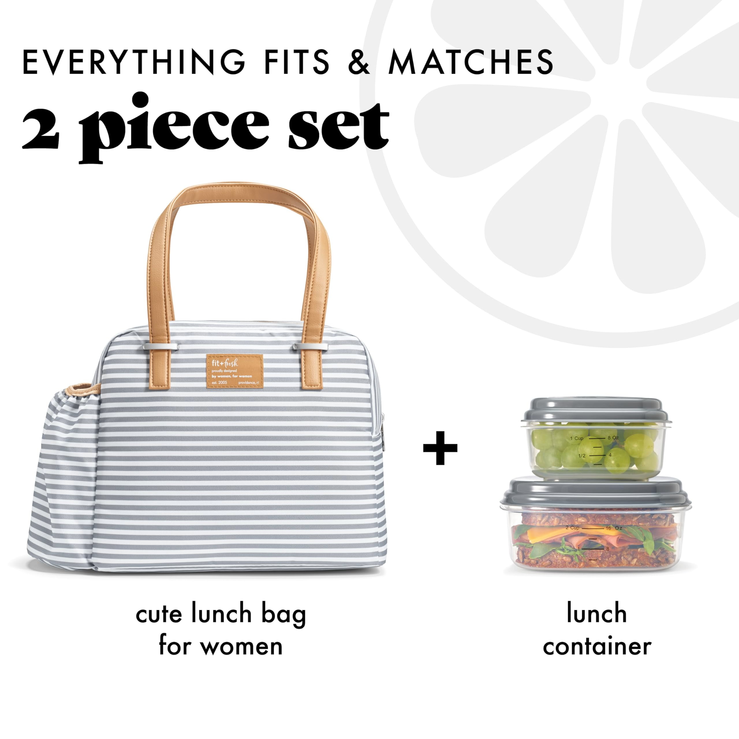 Fit+Fresh Lunch Bag For Women, Insulated, Leakproof With Containers, Laketown Grey Stripe