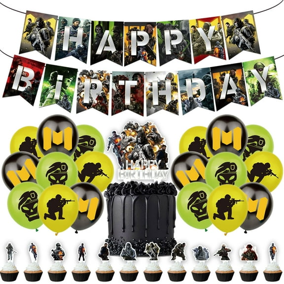 32 PCS For Call of Duty Theme Birthday Party Decorations,With 12 Cupcake Toppers,18 Balloons,1 Cake Topper,1 Happy Birthday Banner Garland for Party Decorations