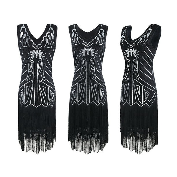 Vestido vintage de los años 20 con borlas y lentejuelas, vestido con borlas y cuentas, vestido para fiesta y cena