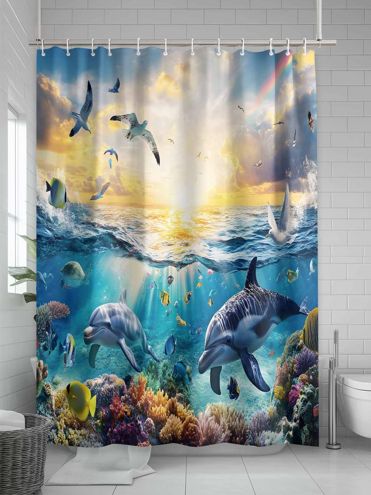 Tropical Coastal Shower Curtain, Ocean Animal Dolphin Fish Bird Bathroom Decor Curtains Set with Hooks, Blue Waterproof Fabric Home Accessories， 72 X 78 Inch Long