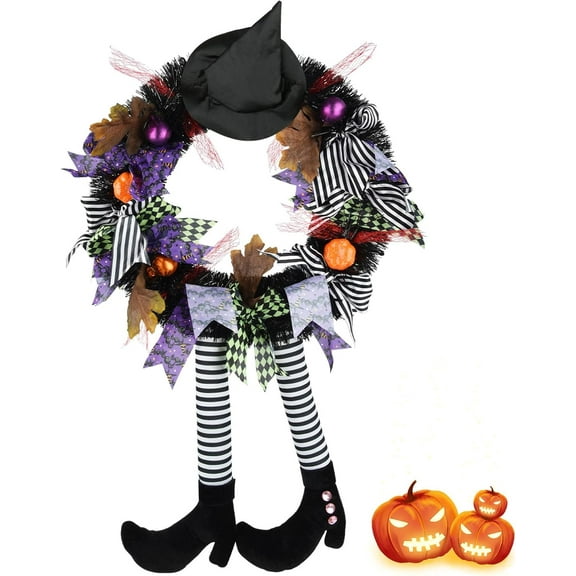 Halloween Wreath-Halloween Wreaths for Front Door-24 Inch Witch Halloween Wreath with Hat Witches Legsl Pumpkin, Halloween Decorations for Door,Porch,Window,Indoor and Outdoor Decor