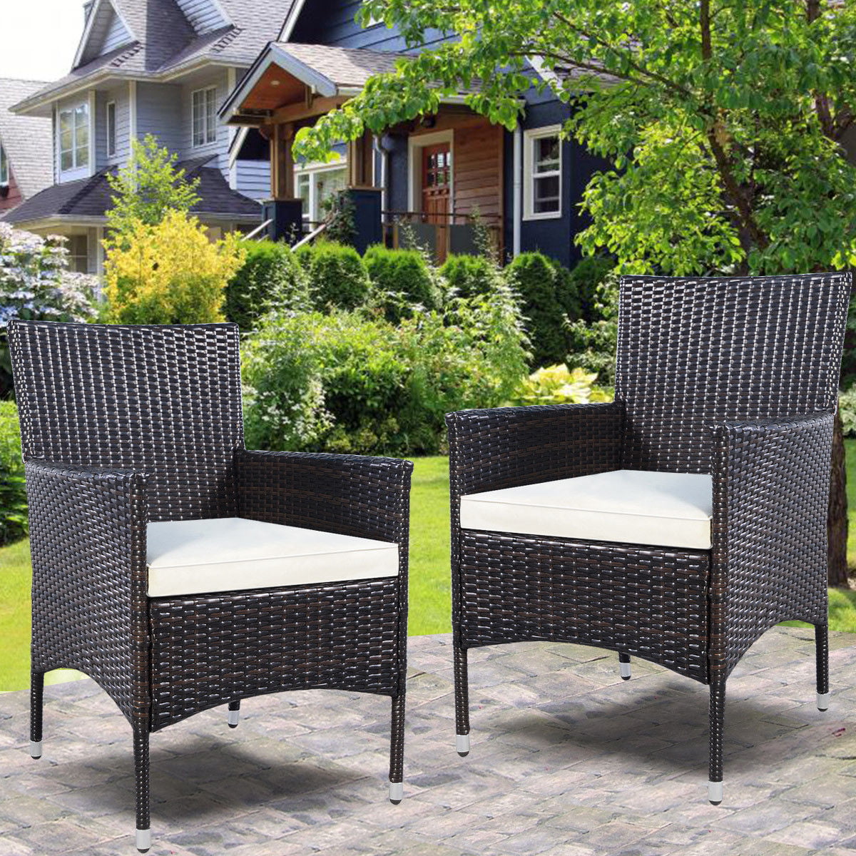 2PC Chairs Outdoor Patio Rattan Wicker Dining Arm Seat w/ Cushions